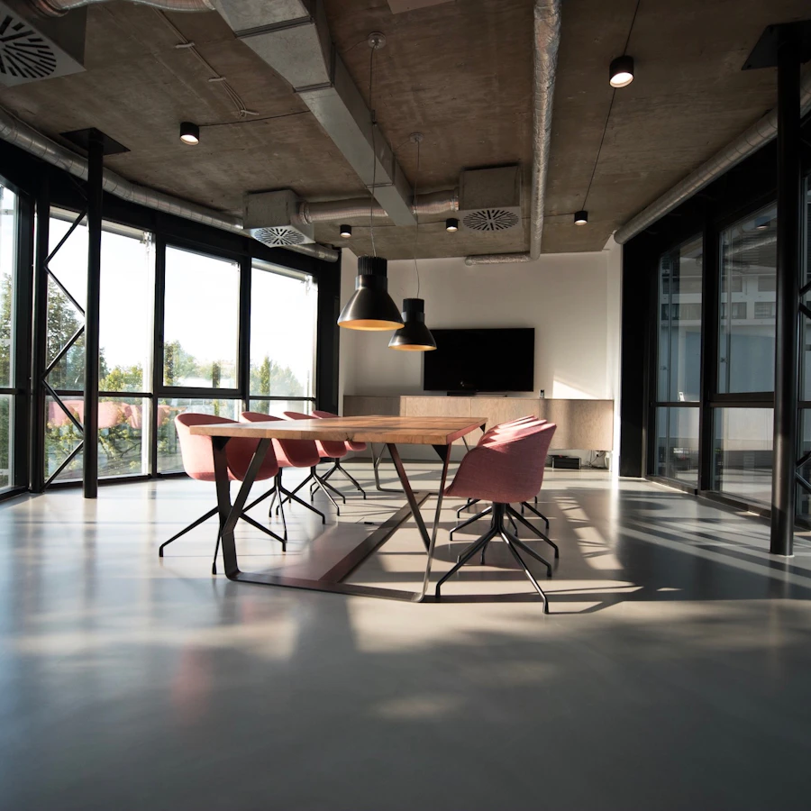 Bright storefront workspace with local business signage