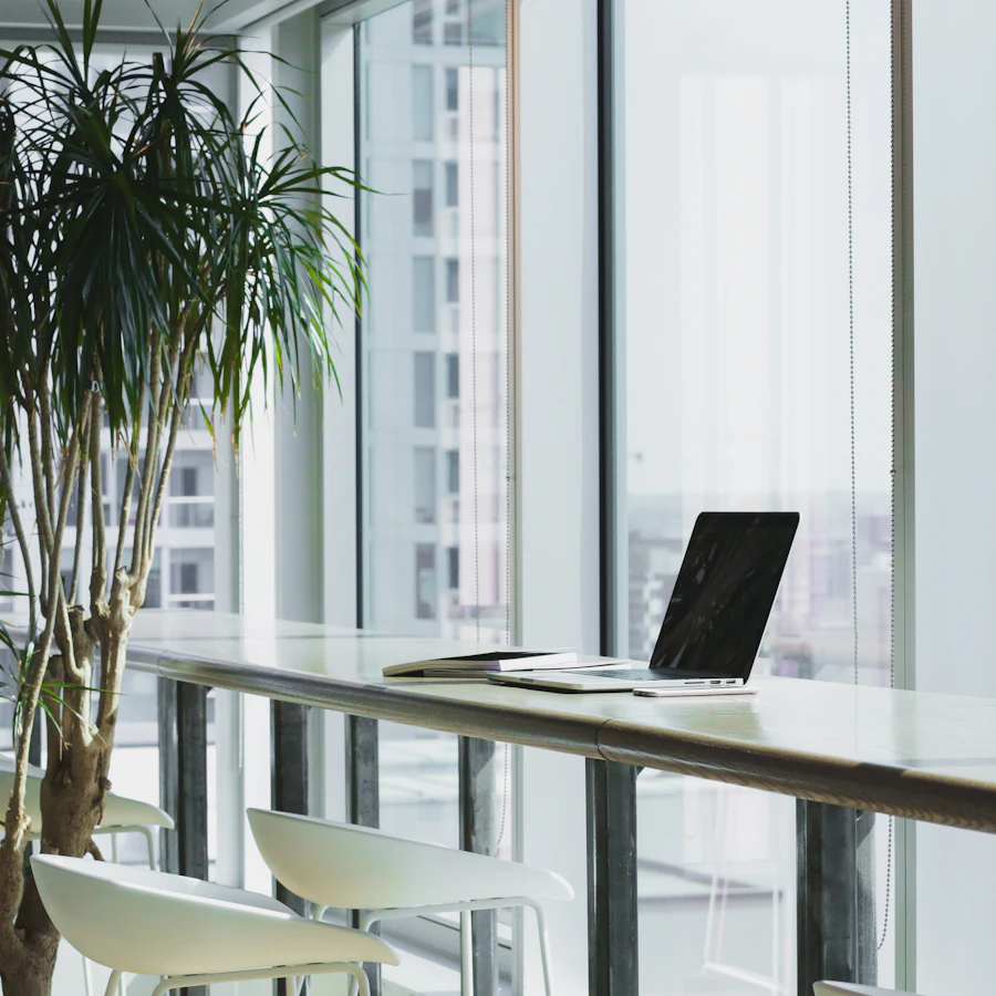 Natural light office with a laptop and organized product notes